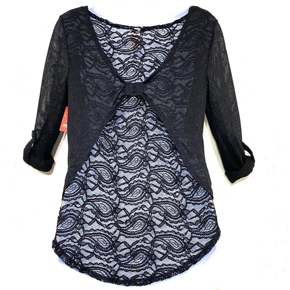 NWT No Boundaries high/low shirt. BLACK roll cuff sleeve Size S (3-5) lace back - Picture 2 of 10